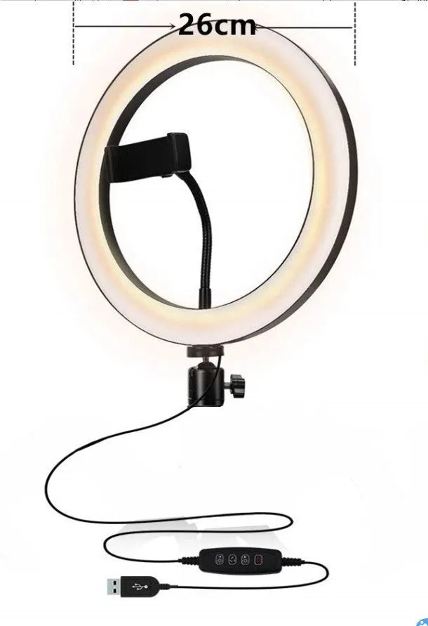 Adjustable live phone stand with flexible gooseneck arm extended, holding a smartphone on a heavy base.