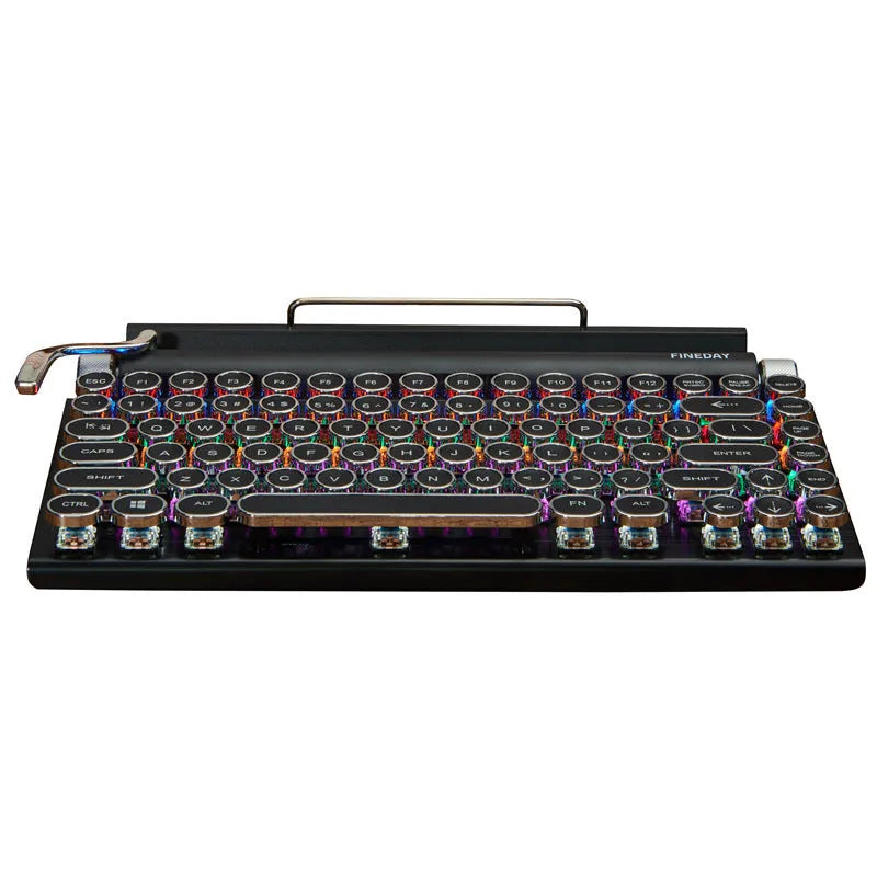 Black dot retro style mechanical keyboard with colourful backlit keys on a desk.