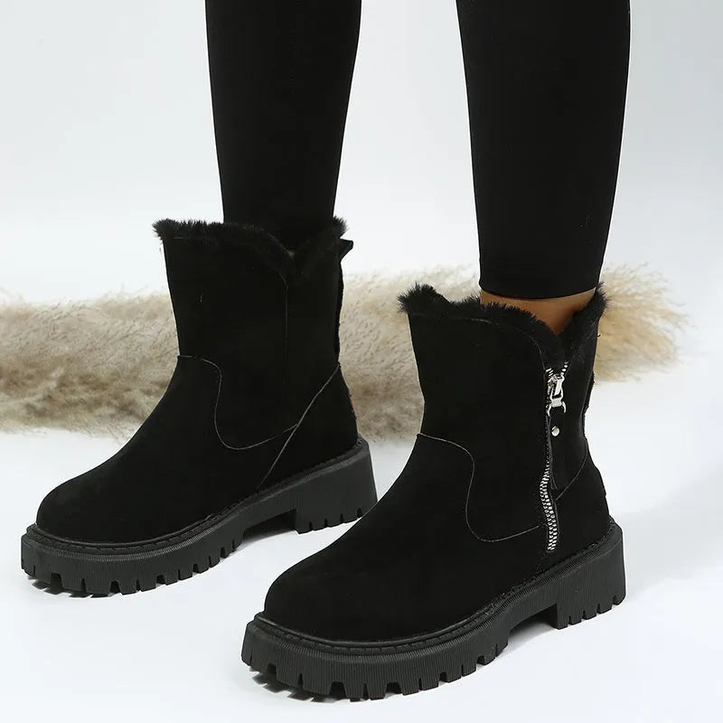 Women's black thick plush high-top snow boots with a side zipper and non-slip rubber sole.