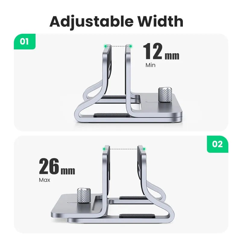 Silver aluminium laptop cooling stand with adjustable width from 12mm to 26mm