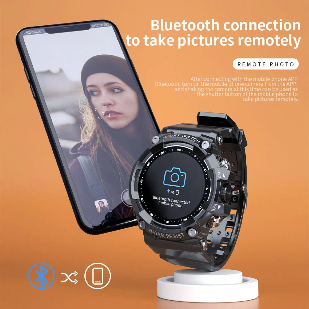 IP67 waterproof Bluetooth sports watch with round colour touchscreen on wrist showing health metrics