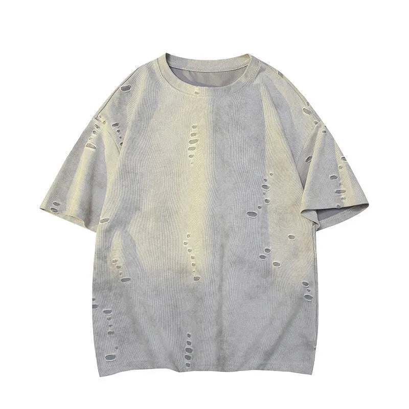 Men's loose fit blue cotton blend short sleeve T-shirt on a hanger