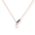 14K rose gold pearl necklace with London Blue stone, 4.5-5MM freshwater pearls, and 420mm adjustable chain.
