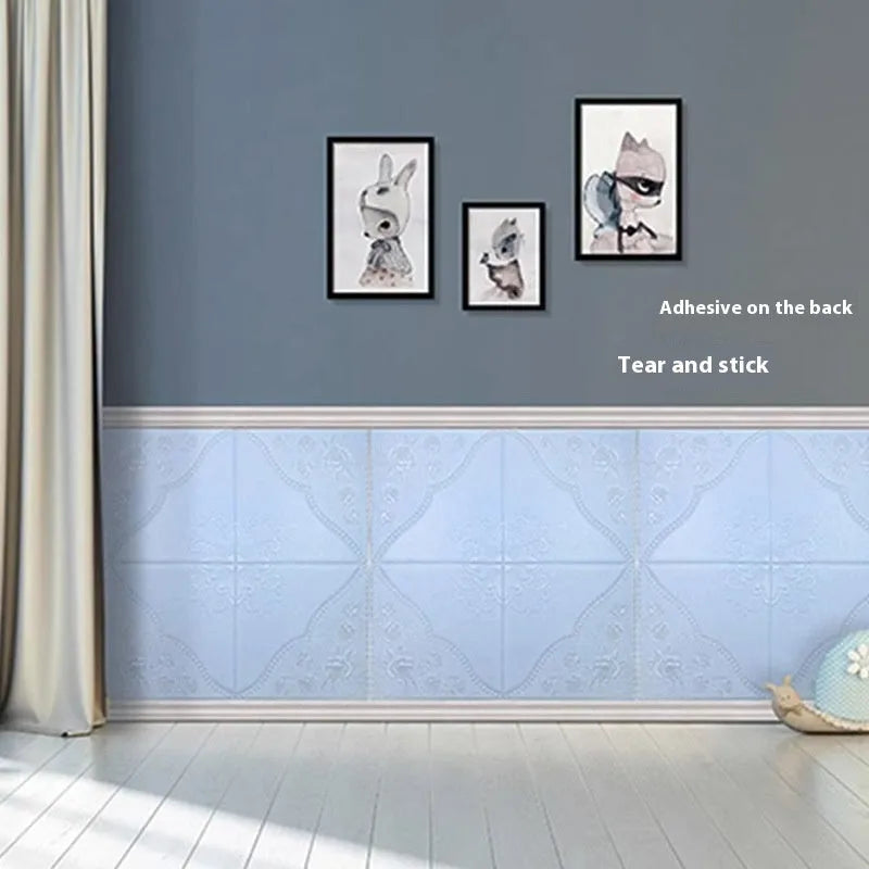 70cm square XPE foam self-adhesive wall sticker with three-dimensional plant and flower pattern in light blue