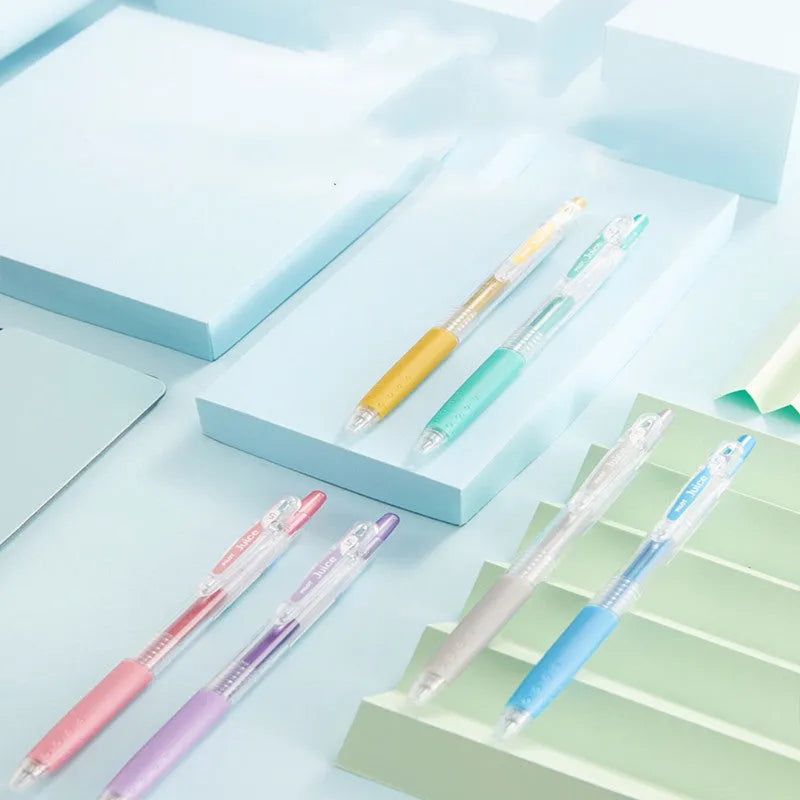 Baiguole 0.5mm gel pen showing metallic gold, silver, and standard colour options