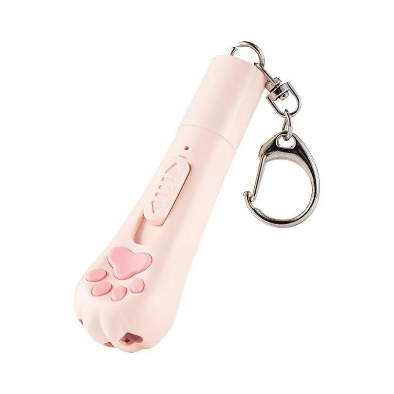 Rechargeable cat teaser toy with a light, shown in pink, cream, and sky blue colour options.