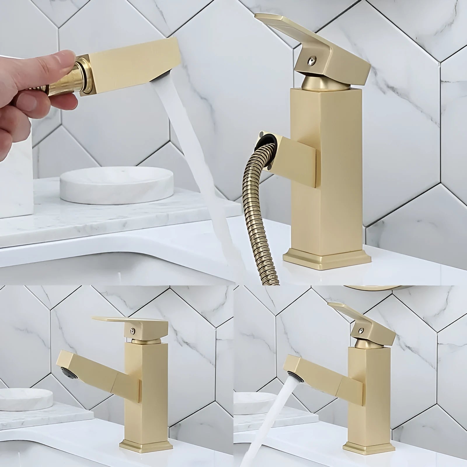 Nordic style brass brushed gold pull faucet for hot and cold water with square design