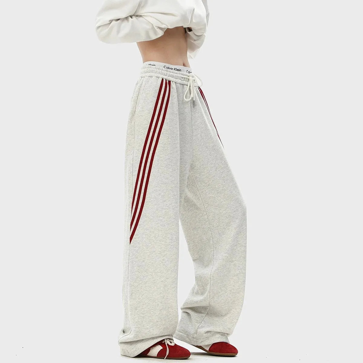 Men's striped loose straight-leg casual pants in black, white gray, or navy blue, polyester stretch fabric, sizes M to XXXL