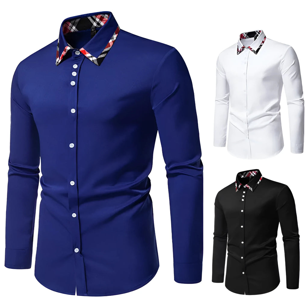 Men's blue plaid long sleeve shirt with a black triangle contrast collar.