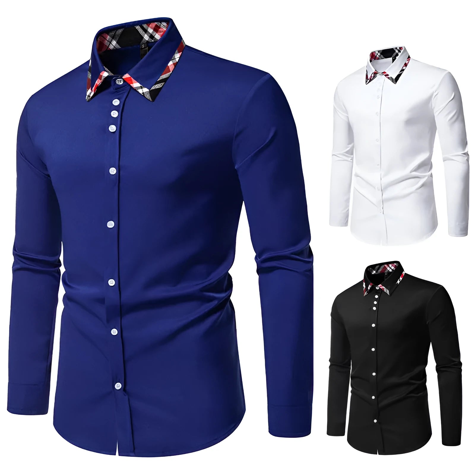 Men's blue plaid long sleeve shirt with a black triangle contrast collar.