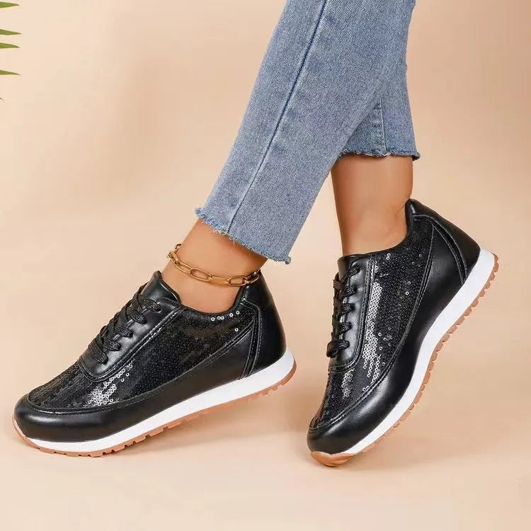 Women's thick-soled casual sneakers with square toe in black, champagne and silver colours
