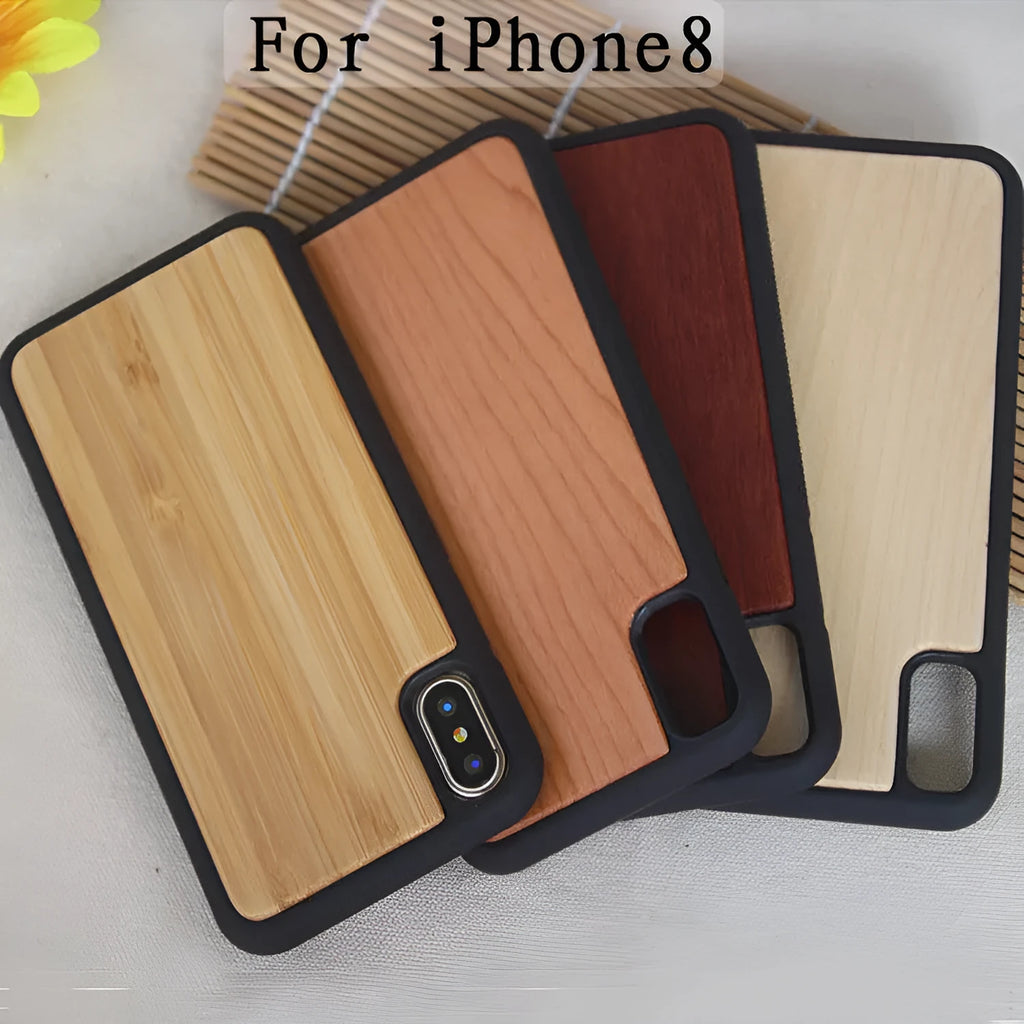 Wooden and TPU hybrid iPhone case in a bamboo finish, showing front and back views.
