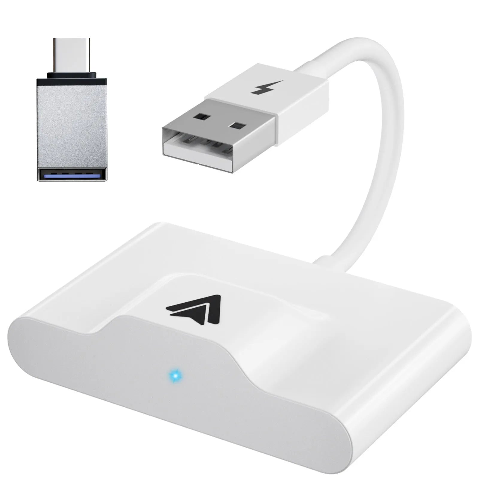 Car wireless Android adaptor for CarPlay systems in black and white colour options.