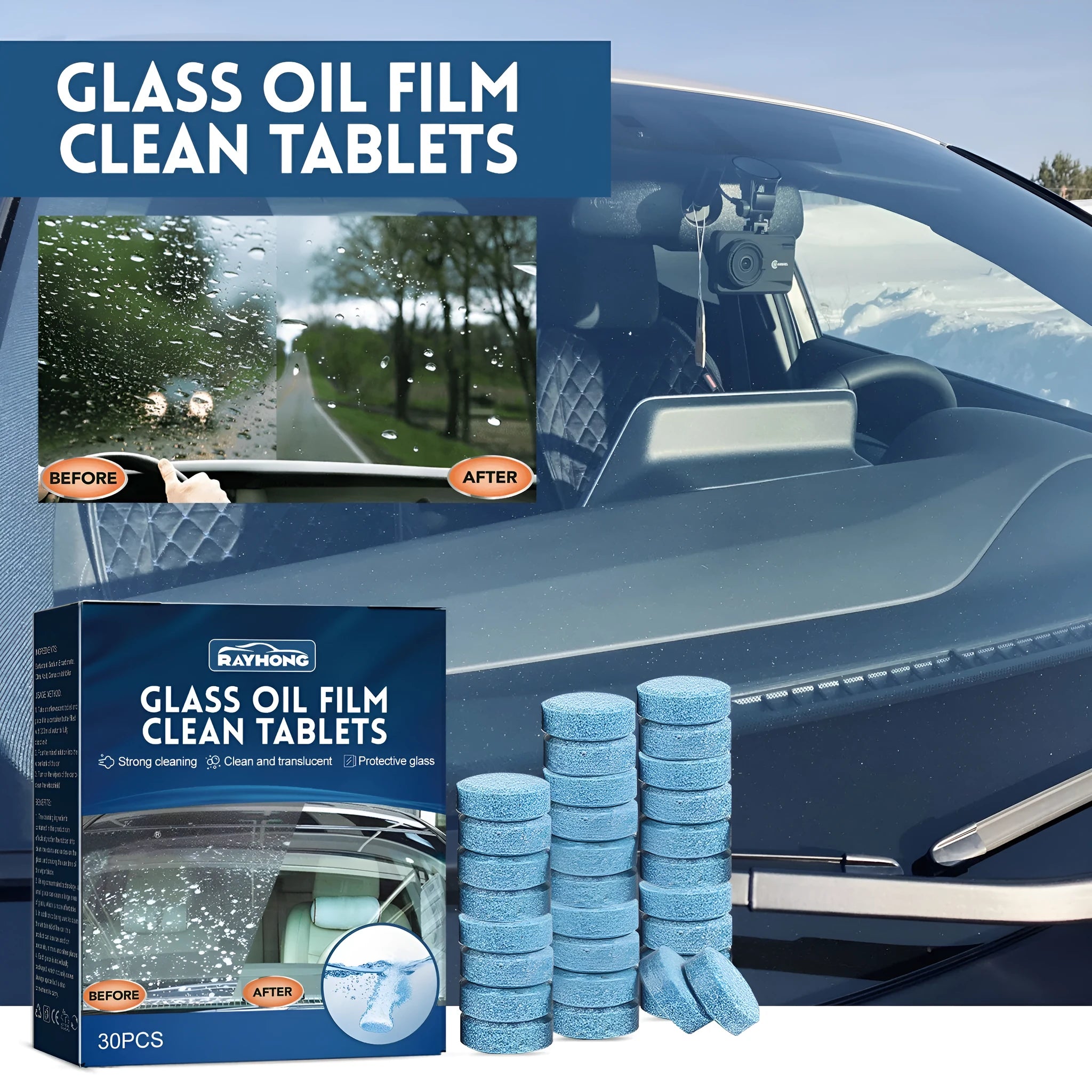 Box of 30 car oil-removing film cleaning effervescent tablets with concentrated cleaning plate formula