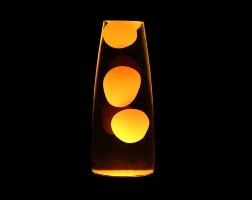 Metal bottom lava lamp with glass bottle on aluminium base, 33 cm tall