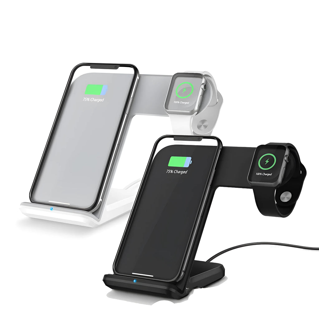 Black or white Qi wireless charging pad for mobile phones on a desk.