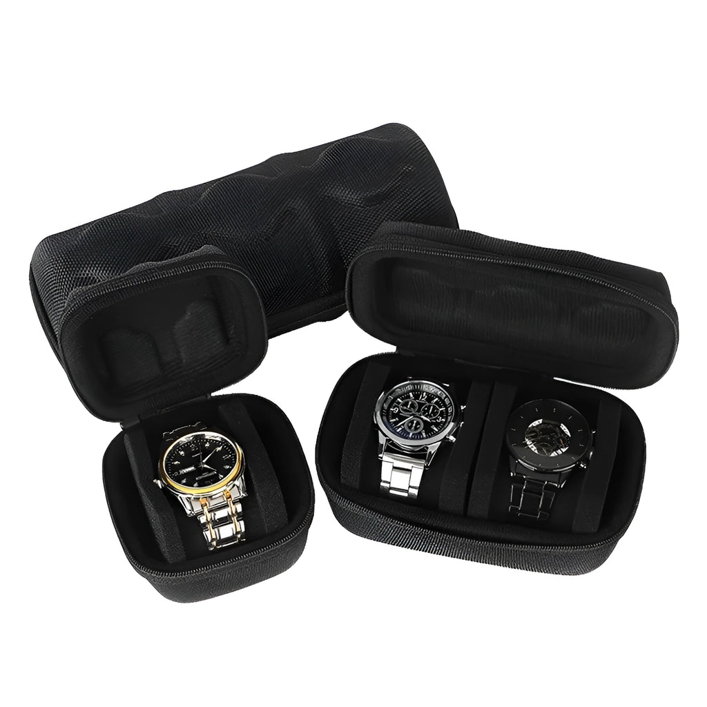 Black drop-resistant watch storage bag with EVA padding and velvet lining, 1 card position, on a flat surface
