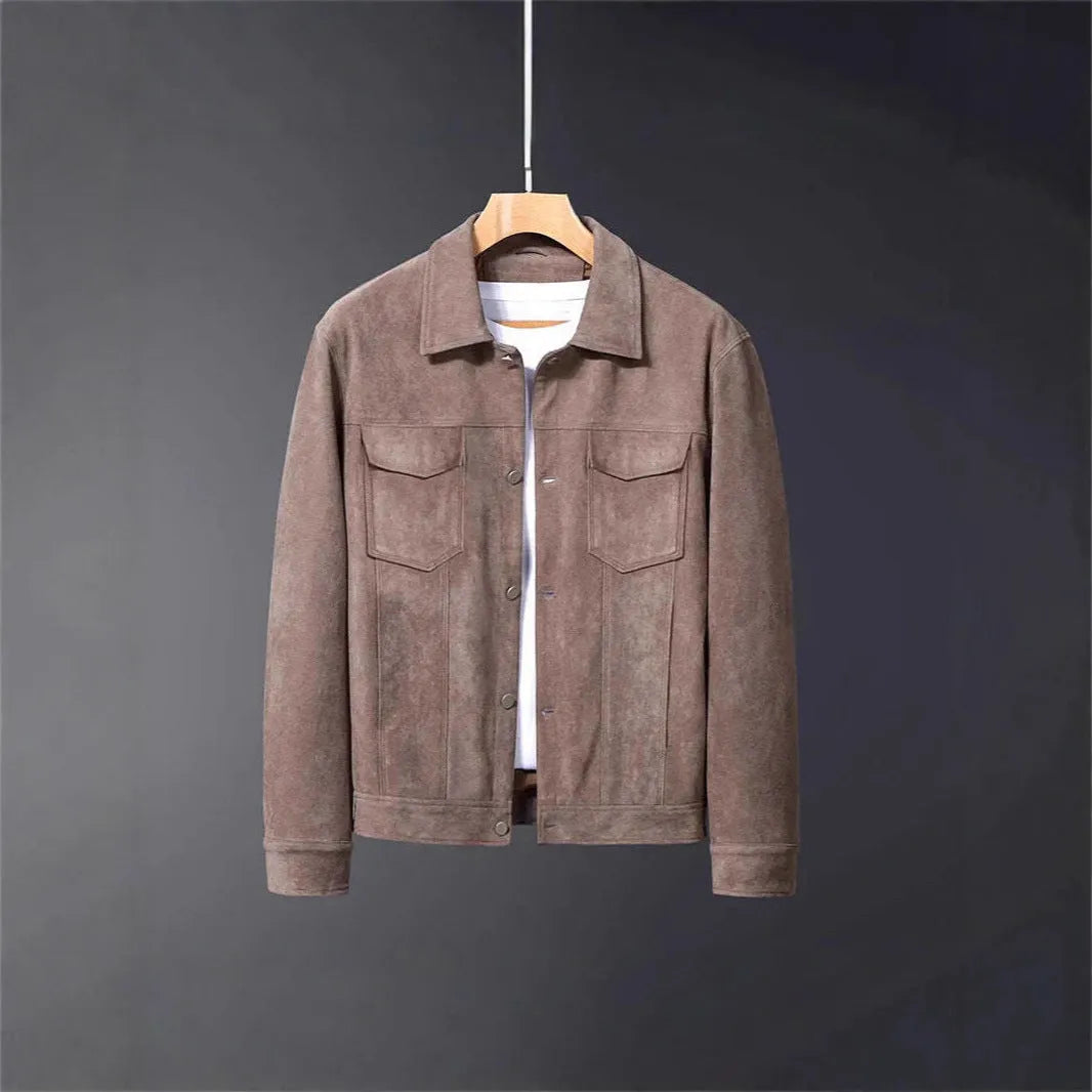 Deer Suede men's winter lapel work jacket in brown with 3D patch pockets and loose fit