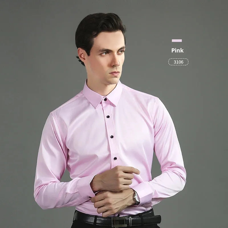 Casual four-way stretch long sleeve shirt in solid colour, slim fit cardigan style for weddings and business, polyester fibre blend