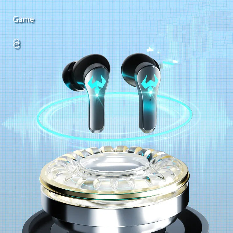 Black wireless in-ear sports headset with Bluetooth 5.0.