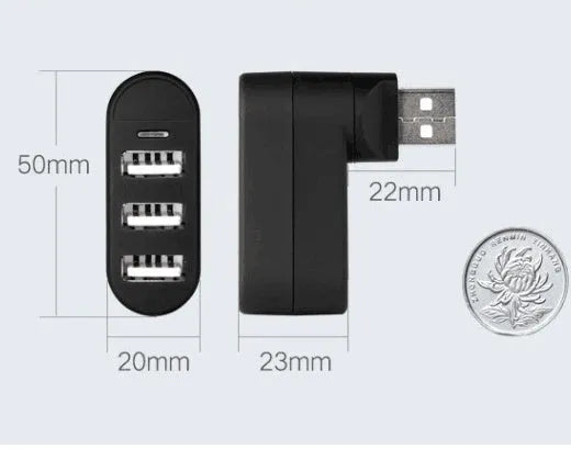 Black and white USB hub with four USB 2.0 ports for computer expansion