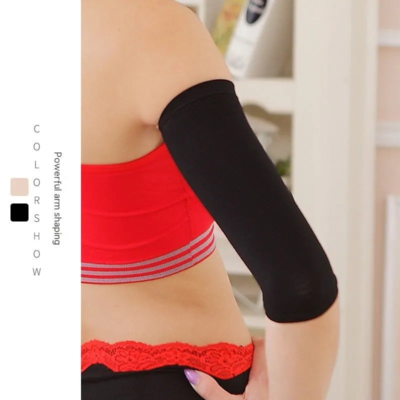 Women's black nylon shaping arm sleeve with elastic free-size fit for upper arm coverage