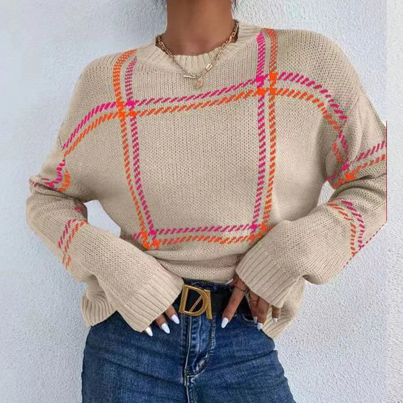 Women's casual plaid colour-block crew neck sweater with apricot, black, beige, red and green stripes