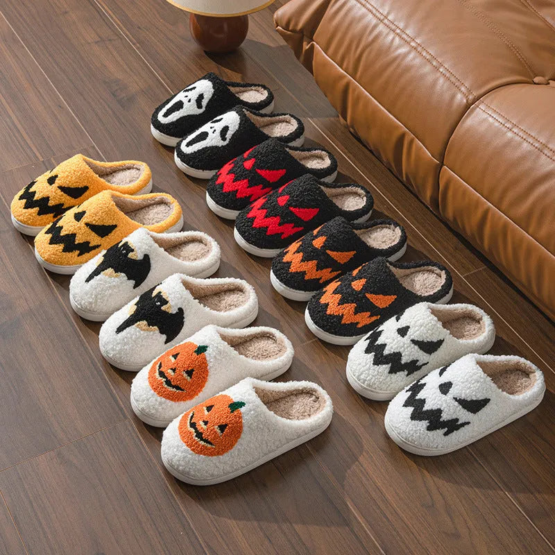 Halloween couple slippers with Lightning Ghost Face embroidery in black and orange on suede upper