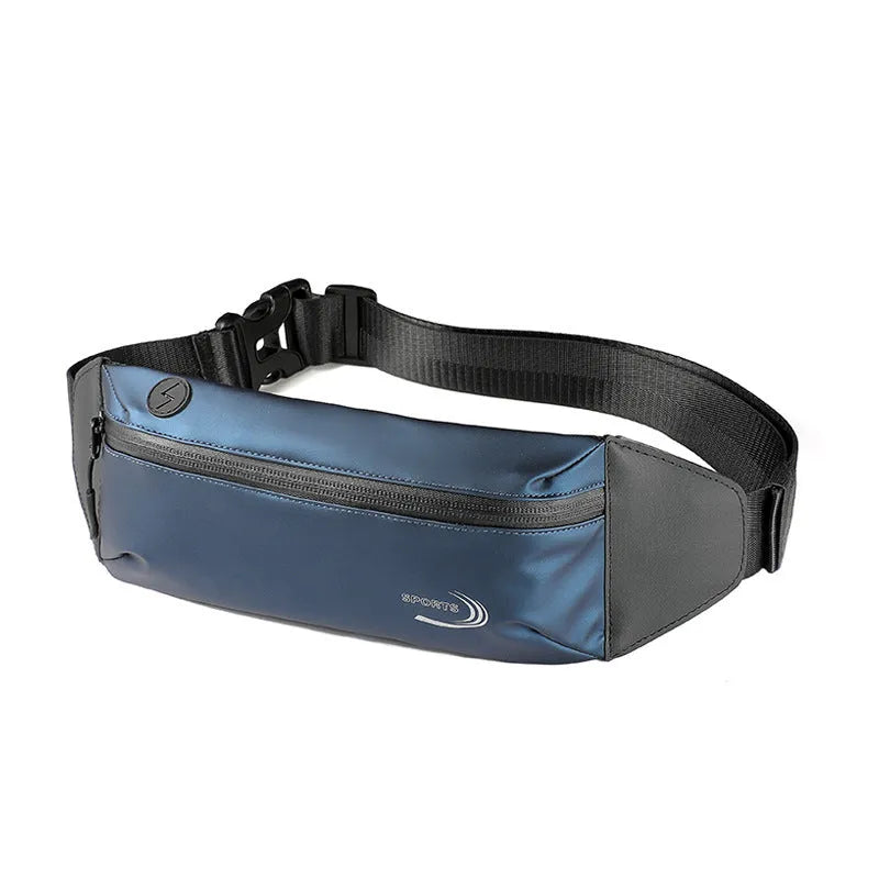 Men's black waterproof waist bag made from Derm Oxford polyester, shown with adjustable strap.