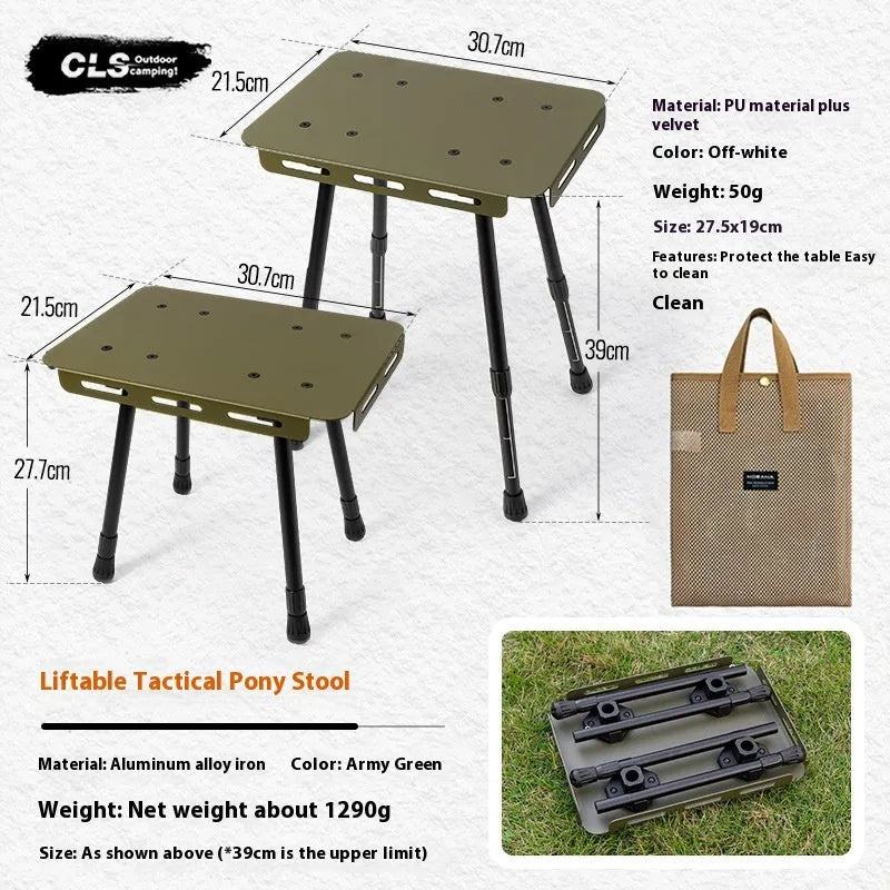 CLS aluminium dual-use camping stool converted into a small table with a green Pu mat cushion