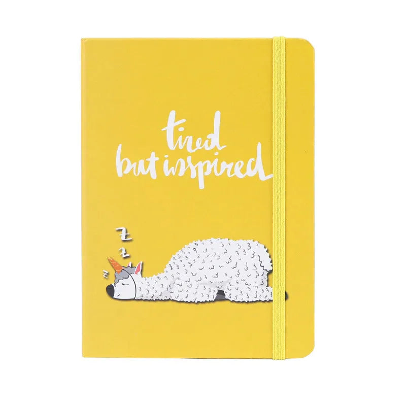 Cartoon alpaca design notepad showing cover, available in A5, A6, and A7 sizes with yellow paper pages.