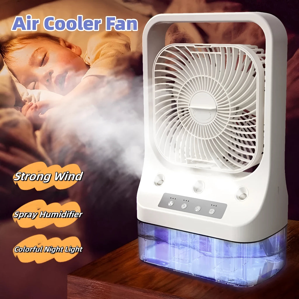 White USB rechargeable desk cooling fan with water tank and adjustable head