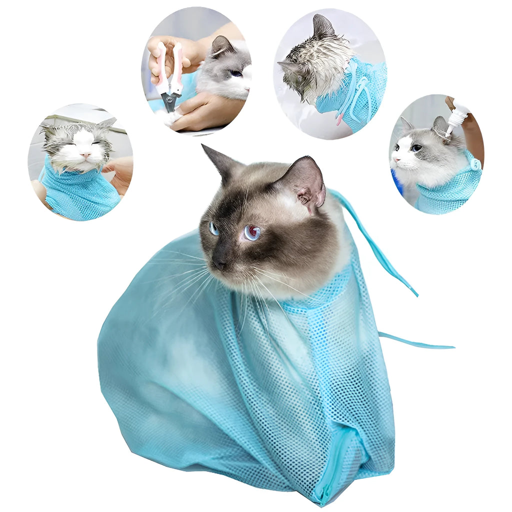 Pet soft cat grooming bag in blue polyester mesh with front zipper, 52x34cm