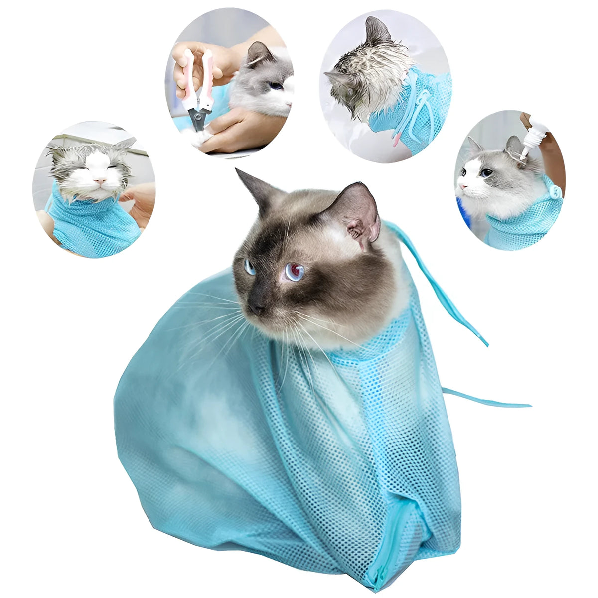 Pet soft cat grooming bag in blue polyester mesh with front zipper, 52x34cm