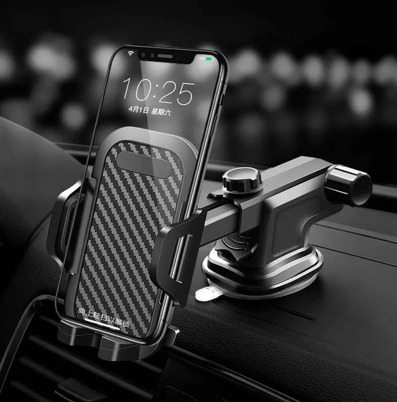 Black adjustable car phone holder for 4 to 7 inch smartphones mounted on car dashboard
