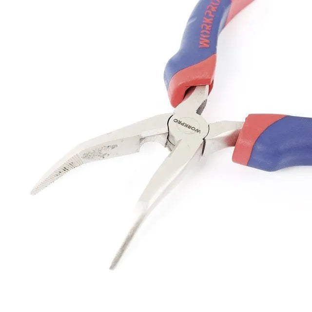 Blue-handled curved nose pliers with a double-colour sleeve grip and a tapered bent tip.