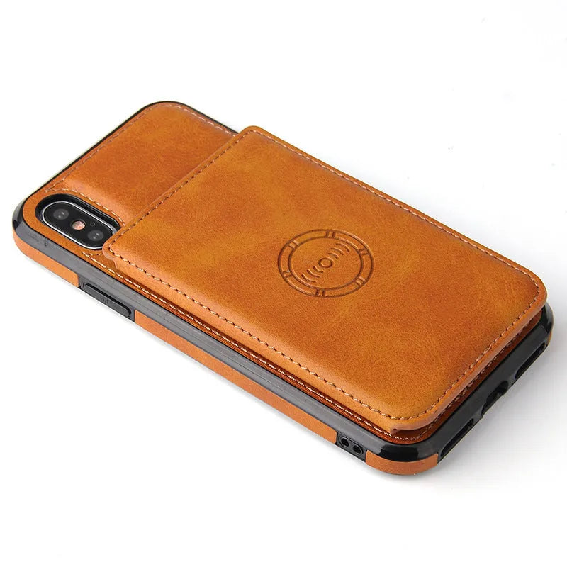 Imitation leather card wallet phone case for iPhone in various solid colours.