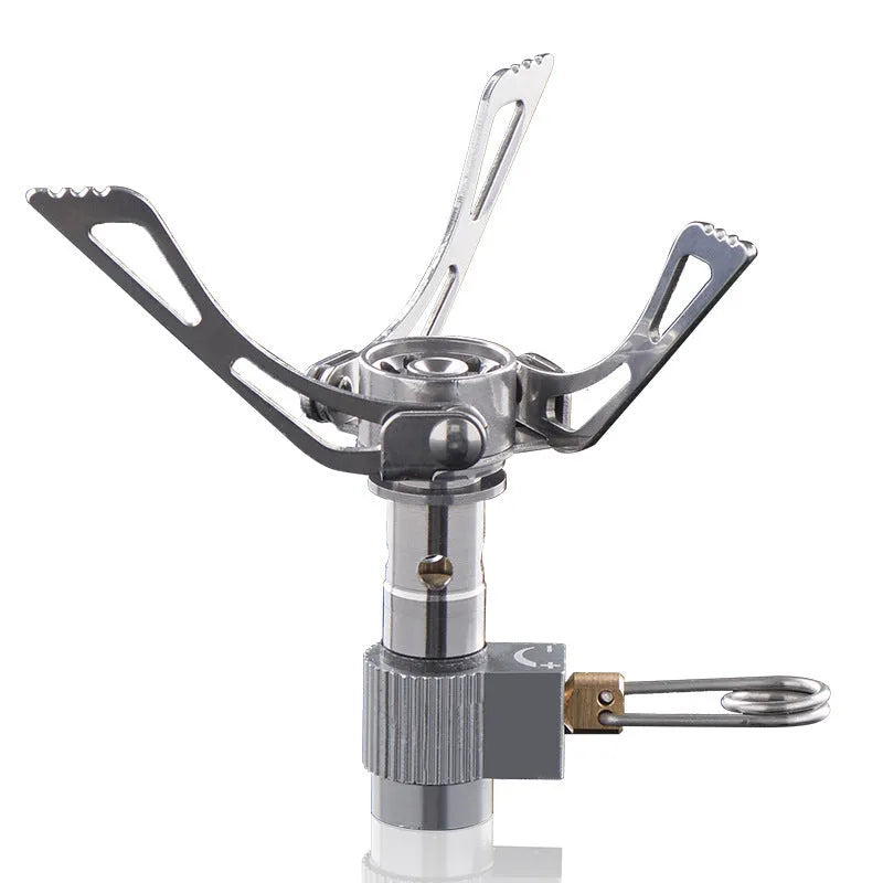 Portable folding mini camping stove made of stainless steel, copper, and aluminium with carry pouch