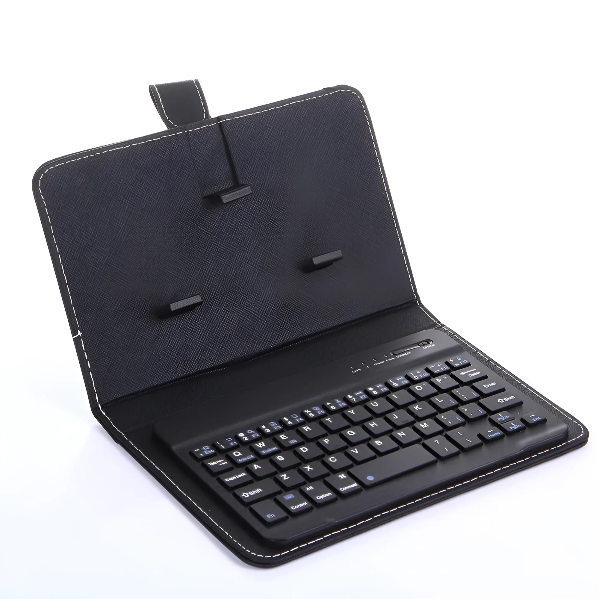 Black Bluetooth keyboard inside a leather holster case for mobile phones, shown with phone stand function engaged.