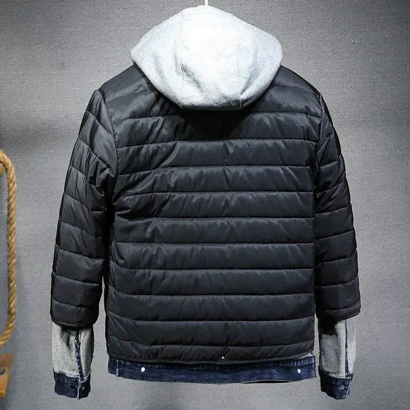 Men's thick denim hooded jacket with lapel collar in black, slim fit cotton winter coat