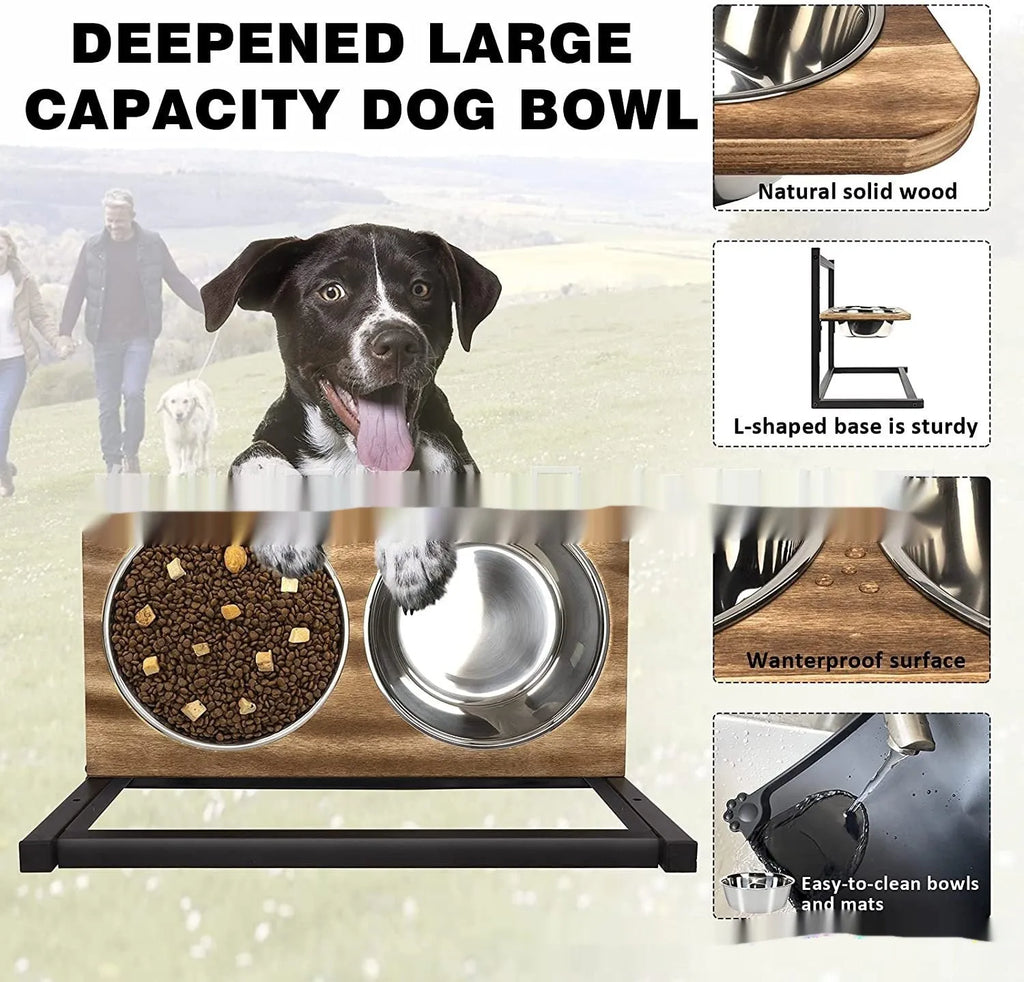 Black iron dog bowl stand with adjustable slots for large breed feeding.