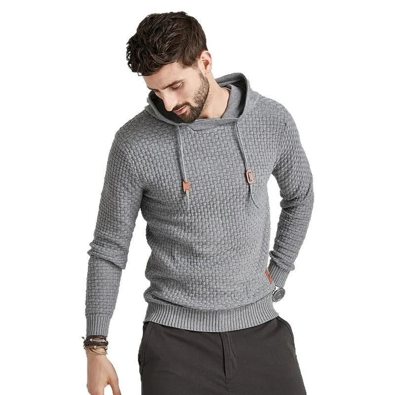 Men's cotton brocade hoodie long-sleeve pullover loose fit casual sweatshirt black front view