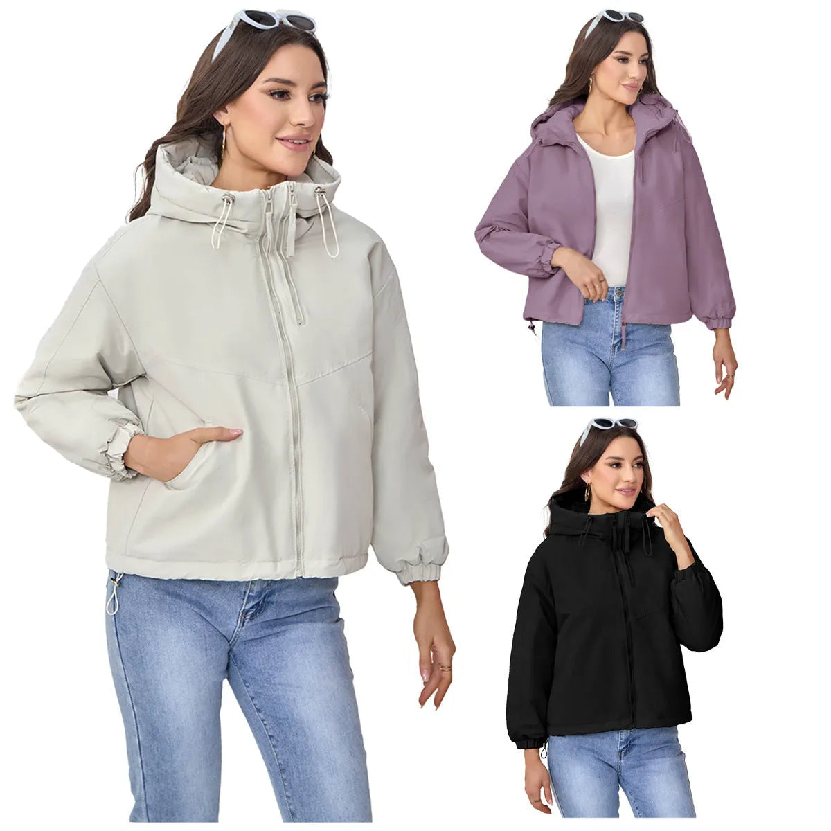 Women's grey hooded loose-fit polyester shell jacket with long sleeves