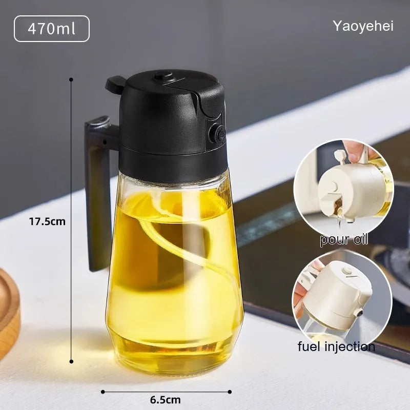 Glass oil sprayer and pour dispenser bottle in beige, yellow, green, or black with ergonomic handle.