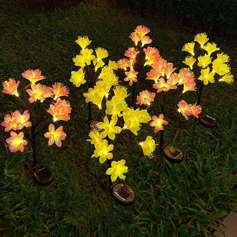 Solar LED camellia lawn lamp in pink or yellow, 720mm tall, IP65 outdoor garden light