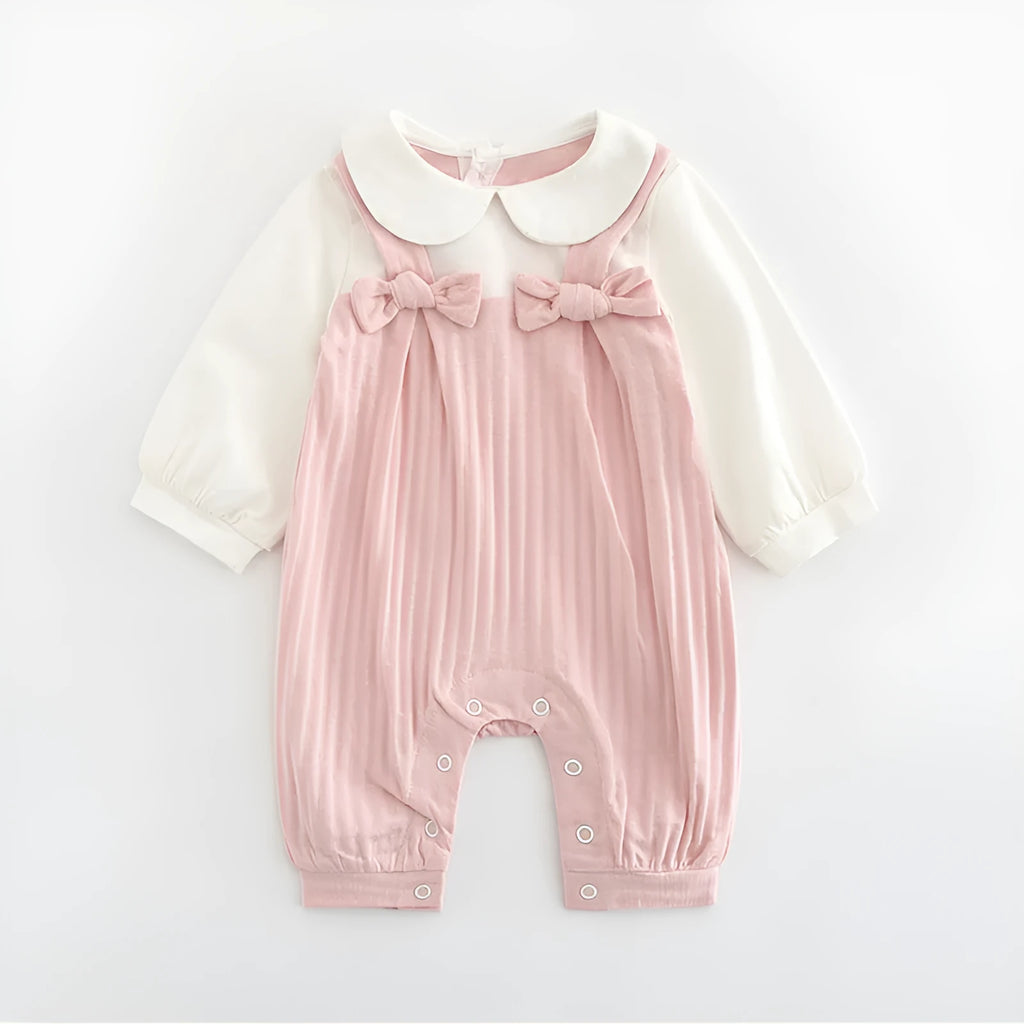 Pink embroidered cotton baby girl jumpsuit with long sleeves and single-breasted closure