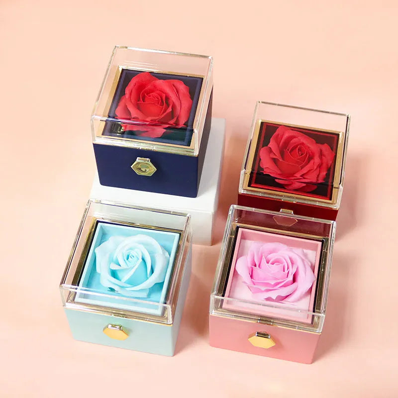 Rotating soap flower rose gift box with transparent acrylic cover showing preserved rose and jewellery drawer