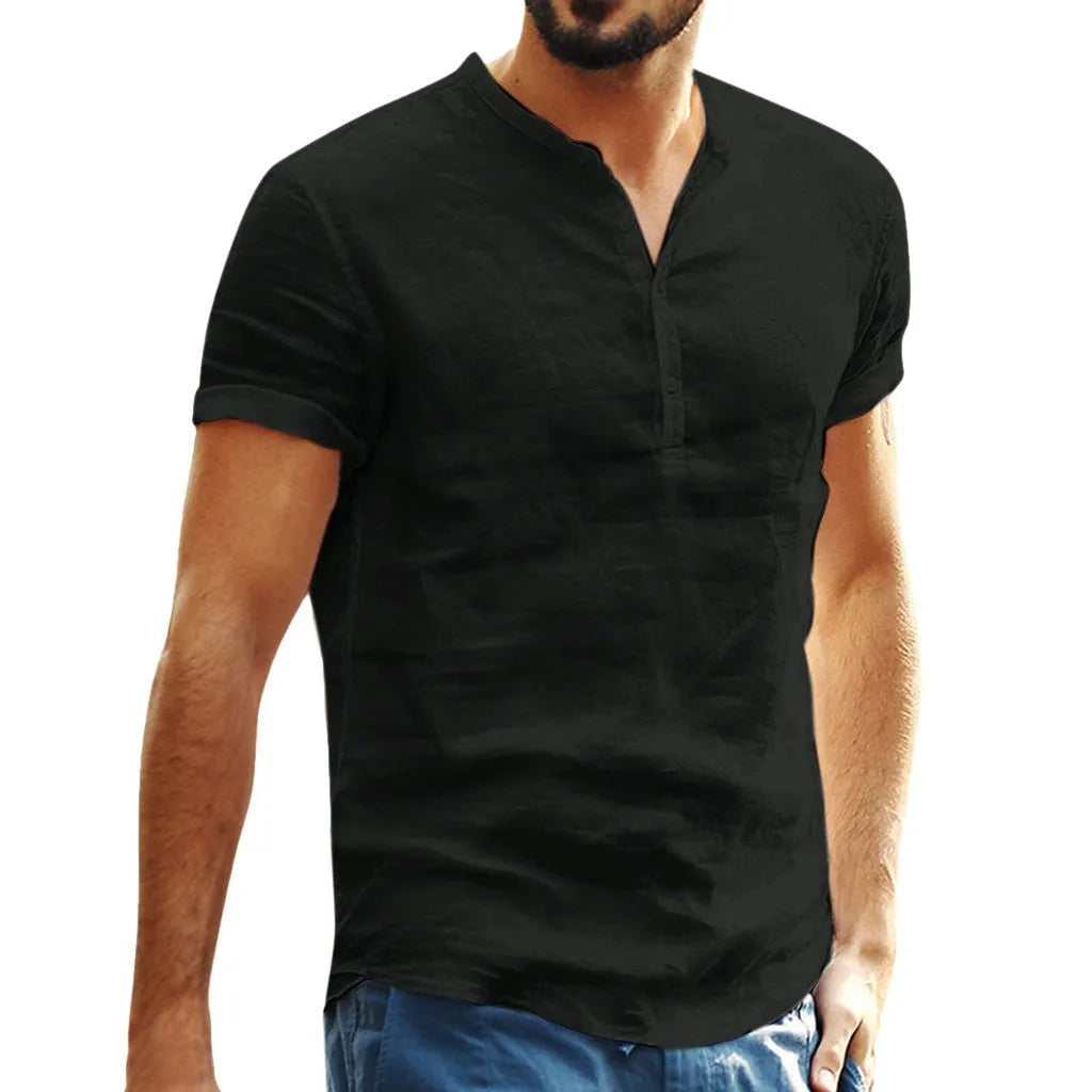Men's stand-up collar short-sleeved shirt in cotton and linen blend, shown in available colours and sizes M to 3XL.