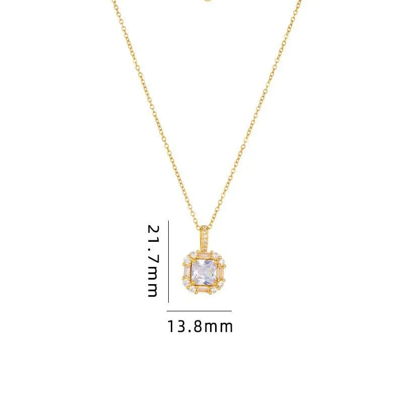 Gold-toned titanium steel necklace with geometric quadrilateral zircon pendant on a water wave chain.