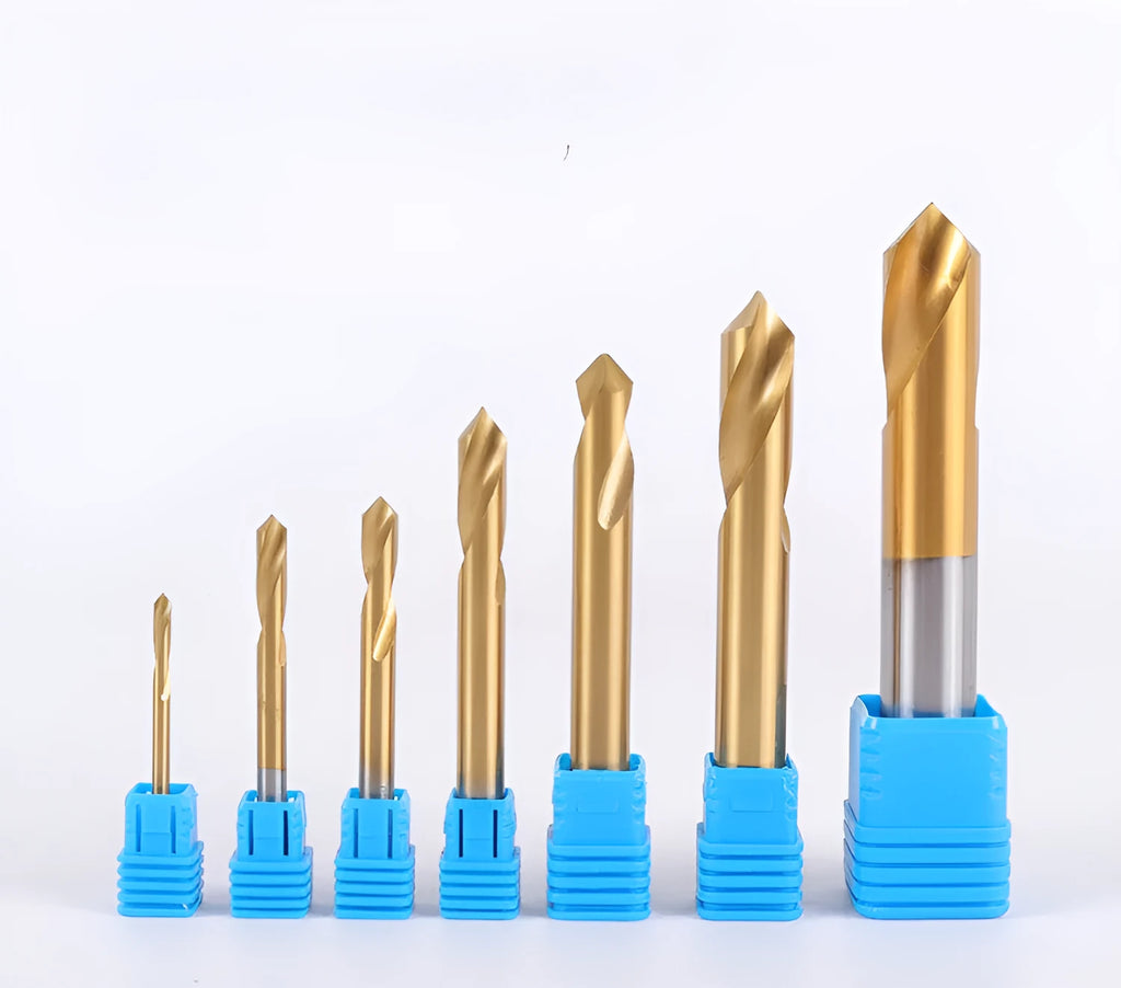 Cobalt high speed steel spot drill with titanium coating, straight shank, external cooling, sizes 3-20mm.